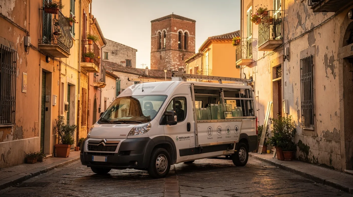 Camionnette de vitrier dans une rue de Perpignan en fin de journée